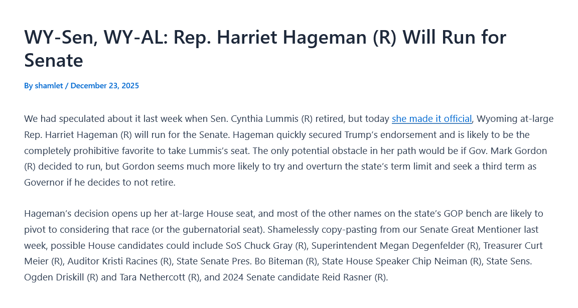 RRHElections's tweet photo. π¨#WYSen Rep. Harriet Hageman (R) will run for Senate with Trump's endorsement. We look at the Great Mentioner for her #WYAL House Seat here: https://t.co/gD4hY0SIRO https://t.co/0ARFPYTdQx