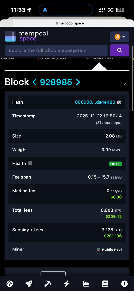 🔴COINTELGRAPH: 🔥 Aggiornamento: Un altro miner di Bitcoin in solitaria ha estratto con successo un blocco, guadagnando 3.12 BTC, pari a circa 281.000 dollari.