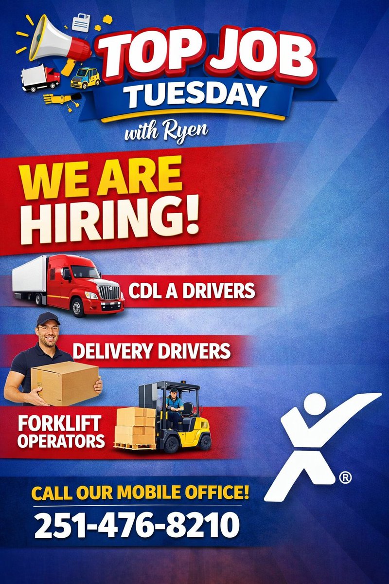 🚛 Top Job Tuesday!
Ryen is on the hunt for CDL A Drivers, Delivery Drivers, and Forklift Operators right here in Mobile.

Thinking about a change in 2026 or know someone who should be?
📞 Call 251-476-8210
📧 Send resumes to mobileal@expresspros.com
Let's talk!