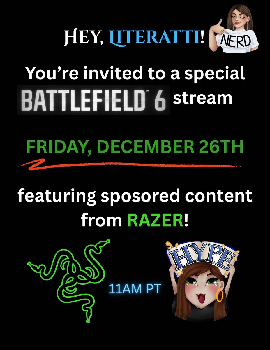 Come see our channel's first sponsored unboxing AND some wonderful pew pew pew content! IFYKY. See you Friday at 11am Pacific, #Literatti!

#Battlefield6 <a href="/Razer/">R Λ Z Ξ R</a>