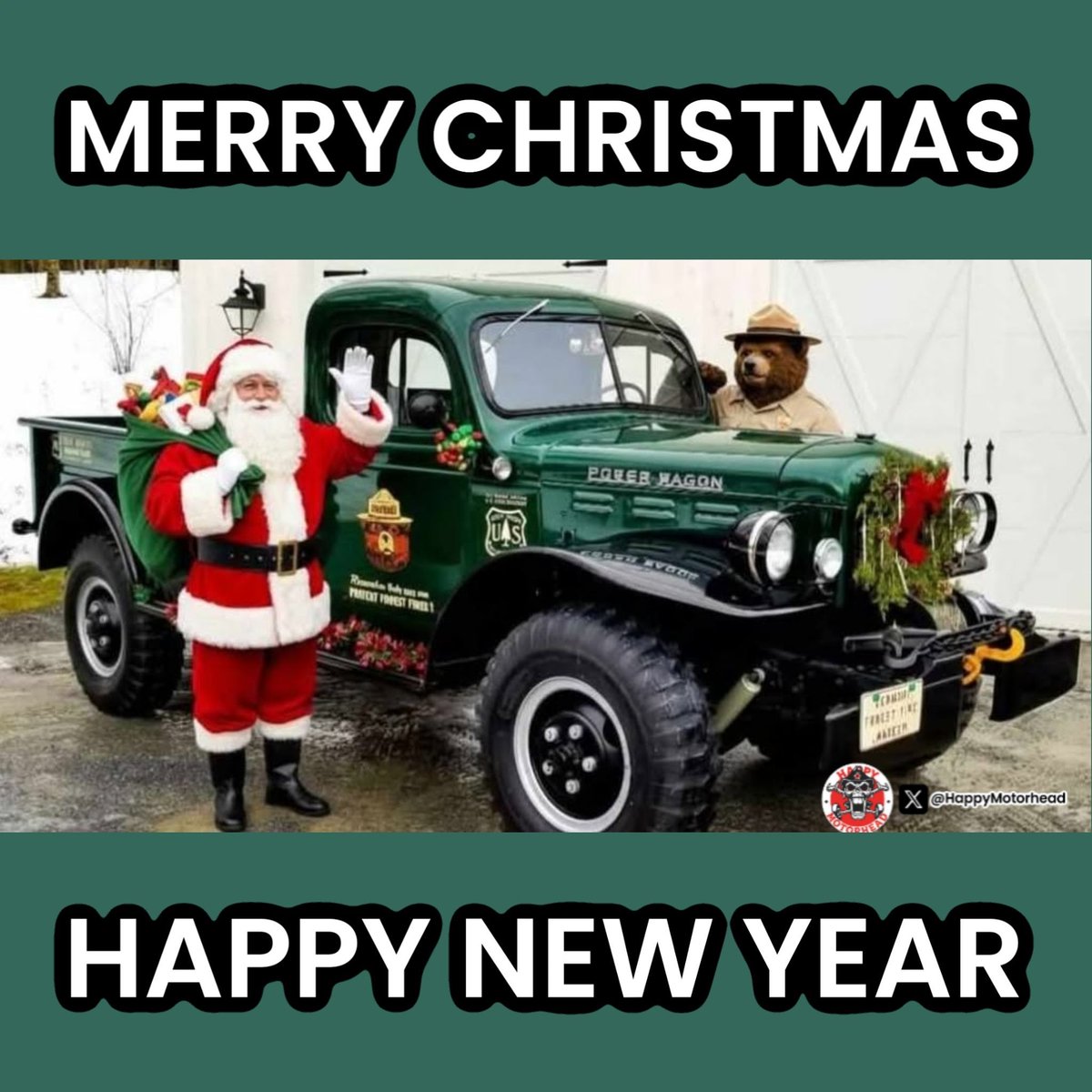 HappyMotorhead's tweet image. When Santa teams up with Smokey Bear in a classic Dodge Power Wagon for holiday deliveries... 

Is this the ultimate fire-safe sleigh upgrade, or proof that even the North Pole is going vintage 4x4? 😂 

What’s your caption for this epic duo?

#Christmas #SmokeyBear #PowerWagon