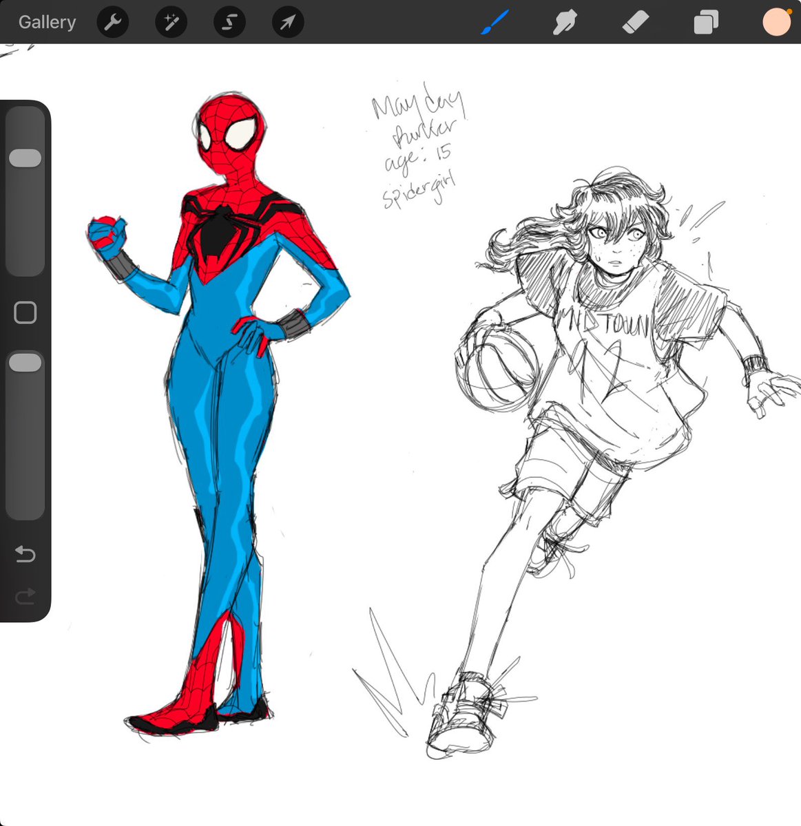 N0TRICE's tweet image. Some mayday doodles on my iPad 
First one is mayday in her very first suit when he powers manifest at 15  and the second one is mayday at 19 in her college days