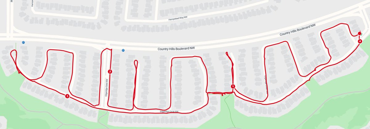 WalkingCalgary's tweet photo. Today we took advantage of the milder temps and the extra 10 seconds of daylight to do a longer walk in #Edgemont.   Knocked off all the streets that border on Country Hills Blvd.

https://t.co/KNH0eke0FF

Distance:  3.84 km    Duration:  54:56 min

#Calgary  #yyc https://t.co/p2Hp87juqX