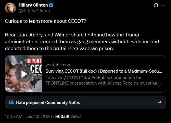 MarioNawfal's tweet image. 🚨 🇸🇻 🇺🇸 BUKELE TROLLS HILLARY: "WE'LL RELEASE OUR ENTIRE PRISON POPULATION TO ANY COUNTRY WILLING TO RECEIVE THEM"

Bukele delivered a savage response to Hillary Clinton's criticisms of his maximum security prison CECOT, offering to release every gang member and "political…