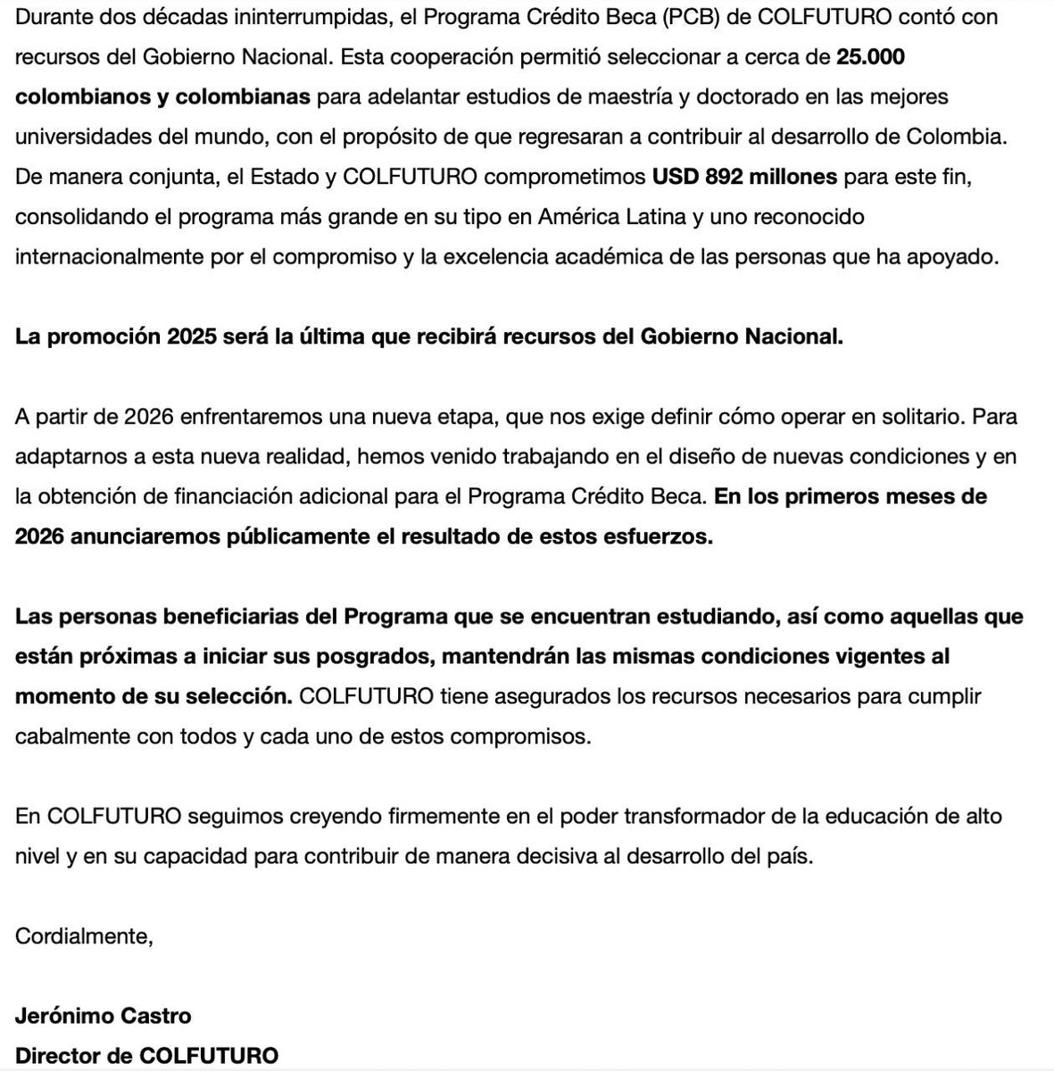 IMPORTANTE🚨El gobierno de Petro elimina el programa crédito beca de <a href="/Colfuturo/">Fundación COLFUTURO</a>, no girará más recursos en el 2026 para que los jóvenes puedan estudiar en el exterior. Durante 25 años NUNCA se interrumpieron estas becas y recursos que beneficiaron a 25 mil estudiantes. 

Así es