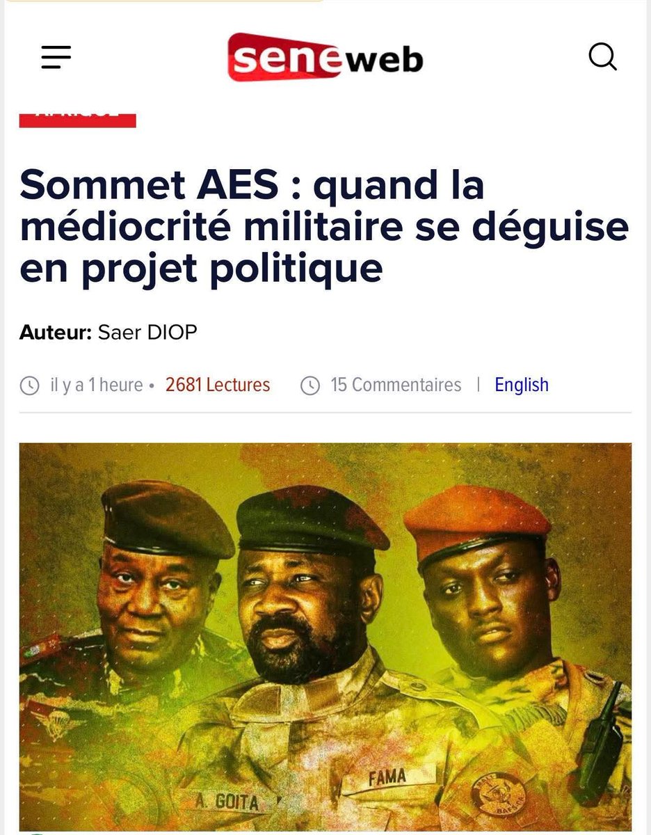C'est vachement bien écrit. 

Extrait. 
Il y a des images qui disent tout d’un naufrage politique. Le sommet de l’Alliance des États du Sahel (AES) en fait partie. Une grand-messe militaire, soigneusement mise en scène, où des chefs de juntes se congratulent entre eux pendant que