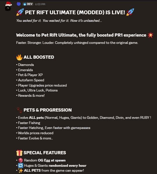 PetRiftNews1's tweet photo. Now Live 🔓
Pet Rift Ultimate, a modded #petrift!

Come check it out here! 
https://t.co/O6I1s0fni1

Created by the people at @RiftStudioRBLX 🐤
( W Copper Ingot!) https://t.co/fvnW41B2Oi