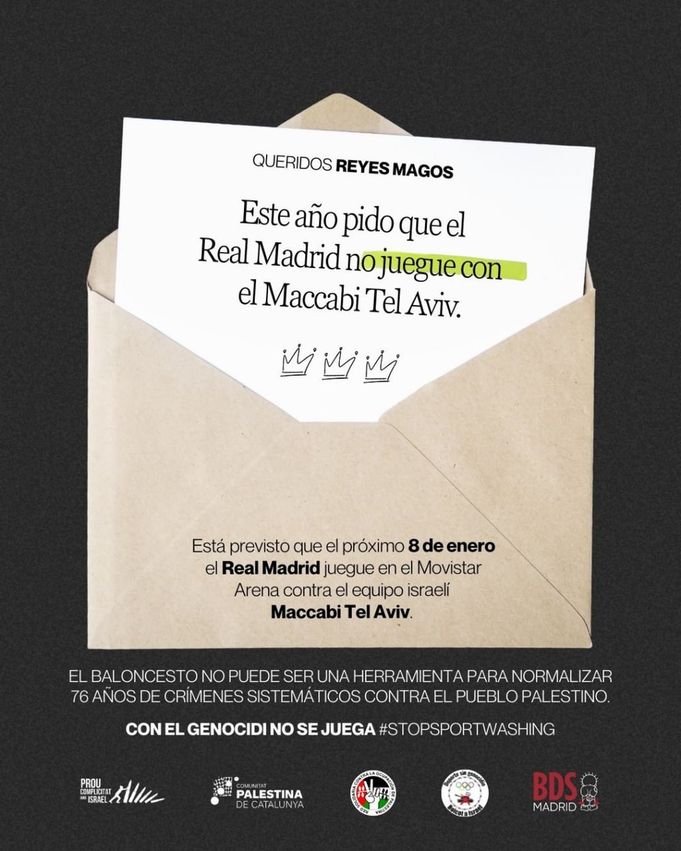 ❌⛹️ El 8 de enero está previsto que el Real Madrid de baloncesto juegue en el Movistar Arena contra el equipo israelí Maccabi Tel Aviv. 
🚫 El deporte no puede ser una herramienta para normalizar 77 años de crímenes sistemáticos de Israel. 
✊🇵🇸
#StopSportWashing