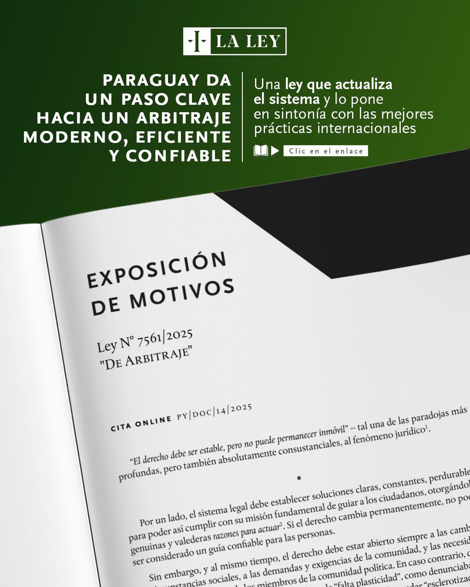 ¿Sabías que a partir de la fecha el Paraguay tiene una nueva Ley de Arbitraje, la Ley N° 7561/2025?

Se trata de una modernización profunda del régimen jurídico del arbitraje en nuestro país, que busca fortalecer la seguridad jurídica y armonizar la relación entre arbitraje y
