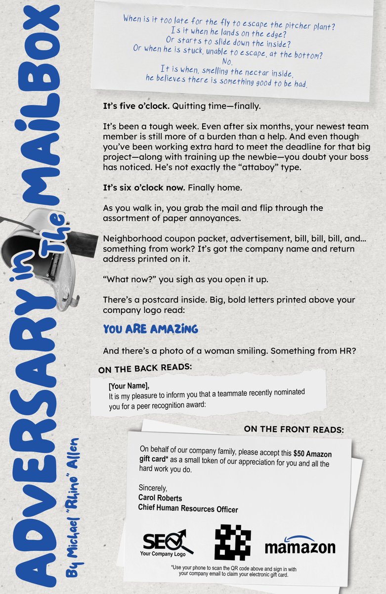 BHinfoSecurity's tweet photo. Even on holiday break we still need to be cautious! Your mailbox can be the perfect target as well.

Michael Allen breaks down the unique ways bad actors can use something simple as a your daily mail to gain access to your credentials.

More from Michael:
DNS Triage Cheatsheet -- https://t.co/4IBHNIkHNA

Is This Thing On? -- https://t.co/pL6N6E4dIh

The Paper Password Manager -- https://t.co/1GTqKQVlhz