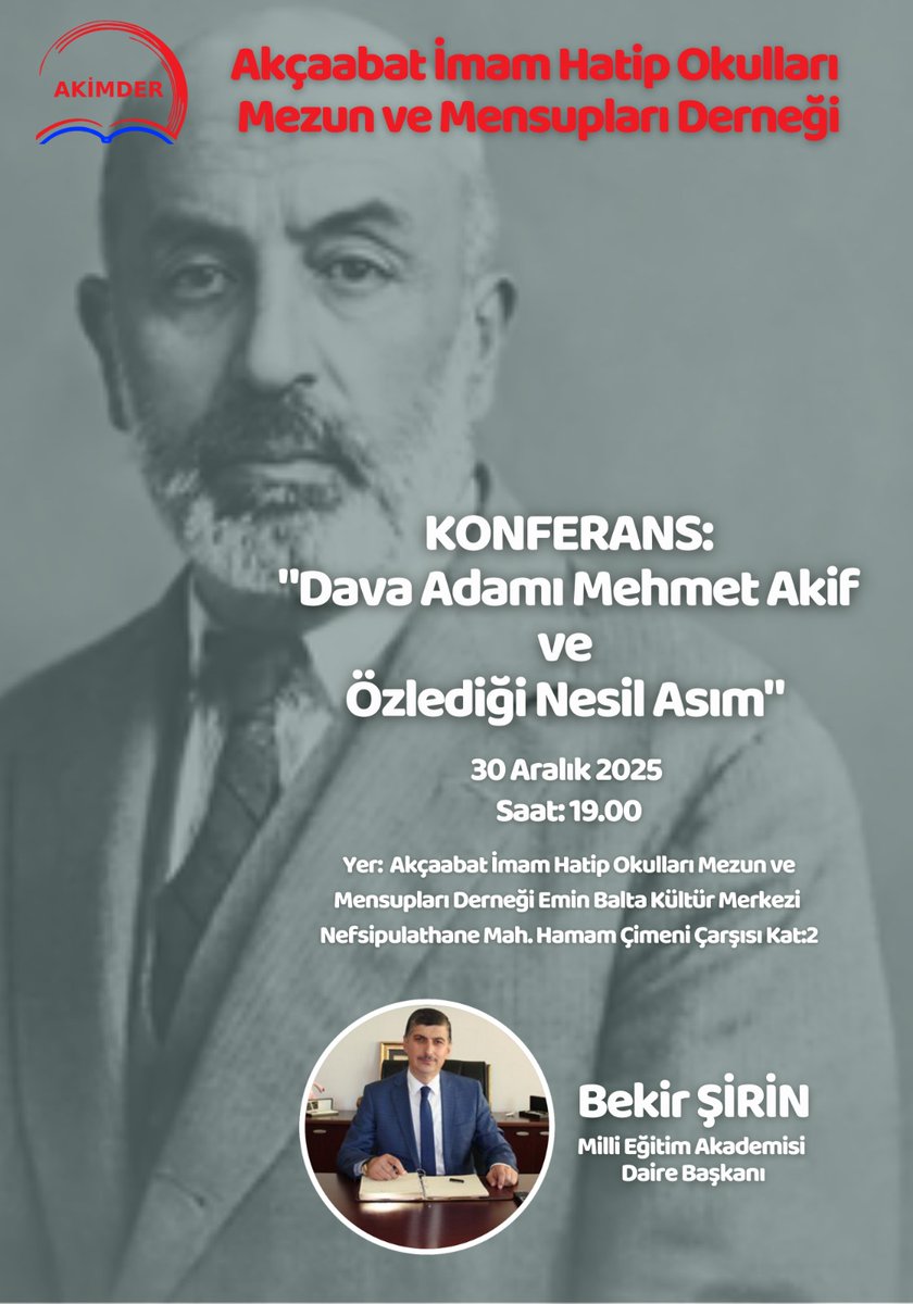 mayvaz90's tweet photo. Akçaabat İmam Hatip Okulları Mezun ve Mensupları Derneğimizin düzenlediği "DAVA ADAMI MEHMET AKİF VE  ÖZLEDİĞİ NESİL ASIM" adlı konferansa bütün mezun, mensup ve halkımızı bekleriz. İnşallah bundan sonra her ay farklı bir konu ve konukla konferans serimiz devam edecektir.👀👂📢 https://t.co/NhrHqWXIxz