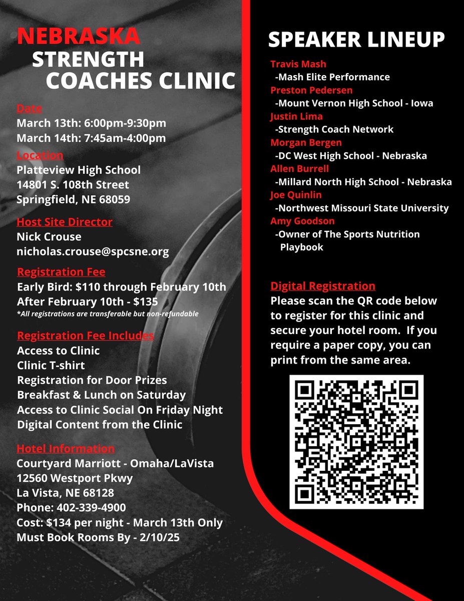 NebStrength's tweet photo. Happy Holidays from us to you!! 🎄🎅🏼

Happy to announce our registration is officially LIVE for the 2026 Nebraska Strength Coaches Clinic! 💪🏼

https://t.co/sCUfnt3EDa…

FEBRUARY 10:
•Early bird rate ends: $110 ➡️ $135
•Hotel room block closes ($134/night)

Sign up NOW! https://t.co/zRzY6pTUuw