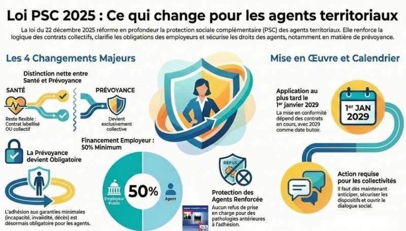 🧾Loi du 22 décembre 2025 sur la protection sociale complémentaire (PSC) des agents territoriaux

La loi n° 2025-1251 du 22 décembre 2025 marque une évolution majeure du cadre juridique de la protection sociale complémentaire dans la fonction publique territoriale.