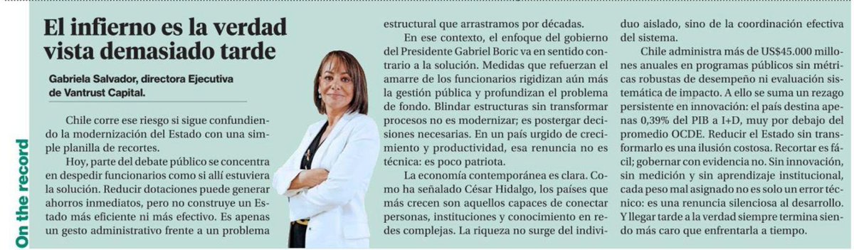 EL INFIERNO ES LA VERDAD VISTA DEMASIADO TARDE
 
Hola, les comparto mi columna publicada hoy en <a href="/La_Segunda/">laSegunda</a> 
 
Chile corre ese riesgo si sigue confundiendo la modernización del Estado con una simple planilla de recortes.