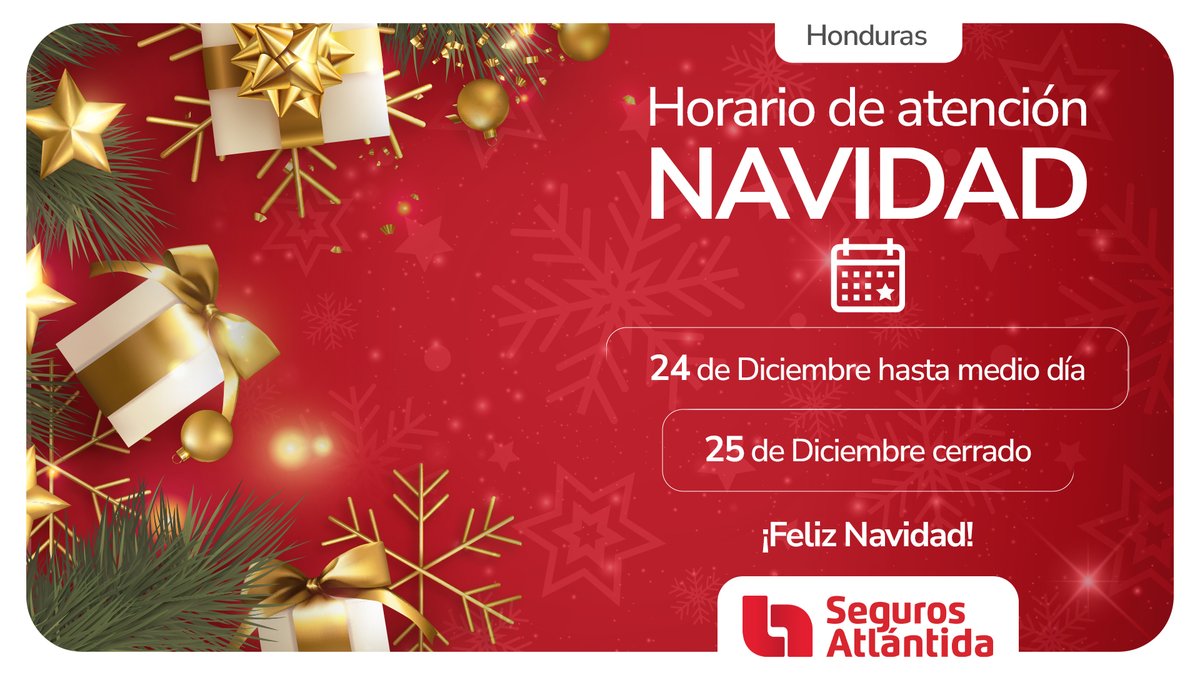 🎄 En esta Navidad, queremos que disfrutes lo que más importa: tu familia.
🕛 El 24 de diciembre atenderemos hasta medio día y el 25 estaremos cerrados.
✨ Gracias por confiar en nosotros un año más. ¡Feliz Navidad!

#SegurosAtlántida #HorarioNavideño