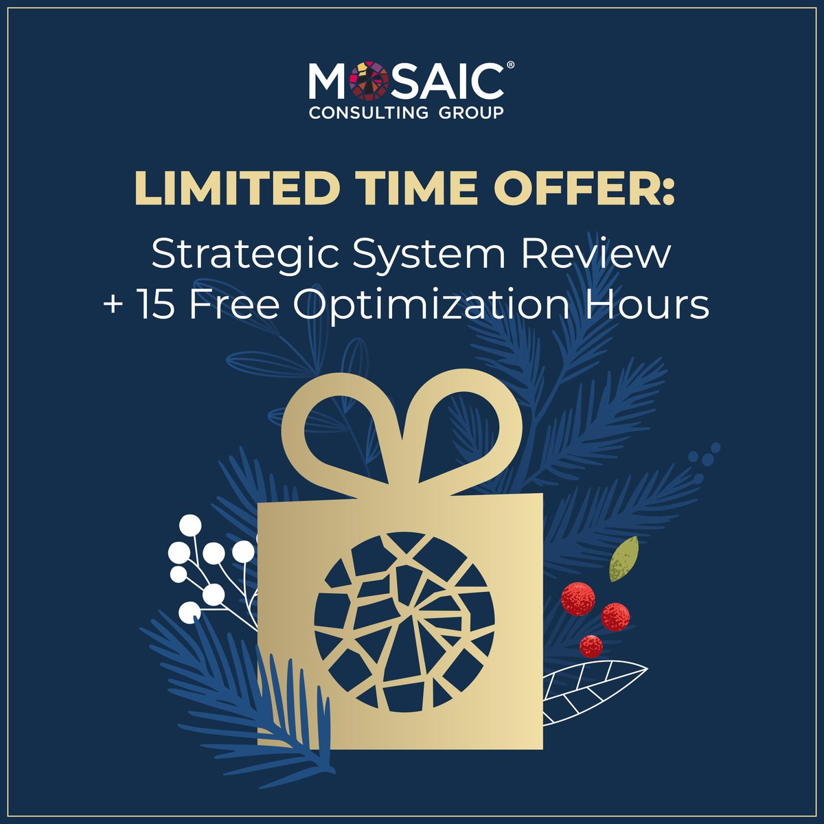 MosaicCG's tweet photo. When was the last health check on your UKG system? A Strategic System Review by Mosaic Consulting Group uncovers gaps, streamlines processes, and improves payroll, compliance, and efficiency.
Bonus: 15 FREE optimization hours. Reserve by Jan 31, 2026. Email info@mosaic-cg.com https://t.co/Eu44qFiDJZ