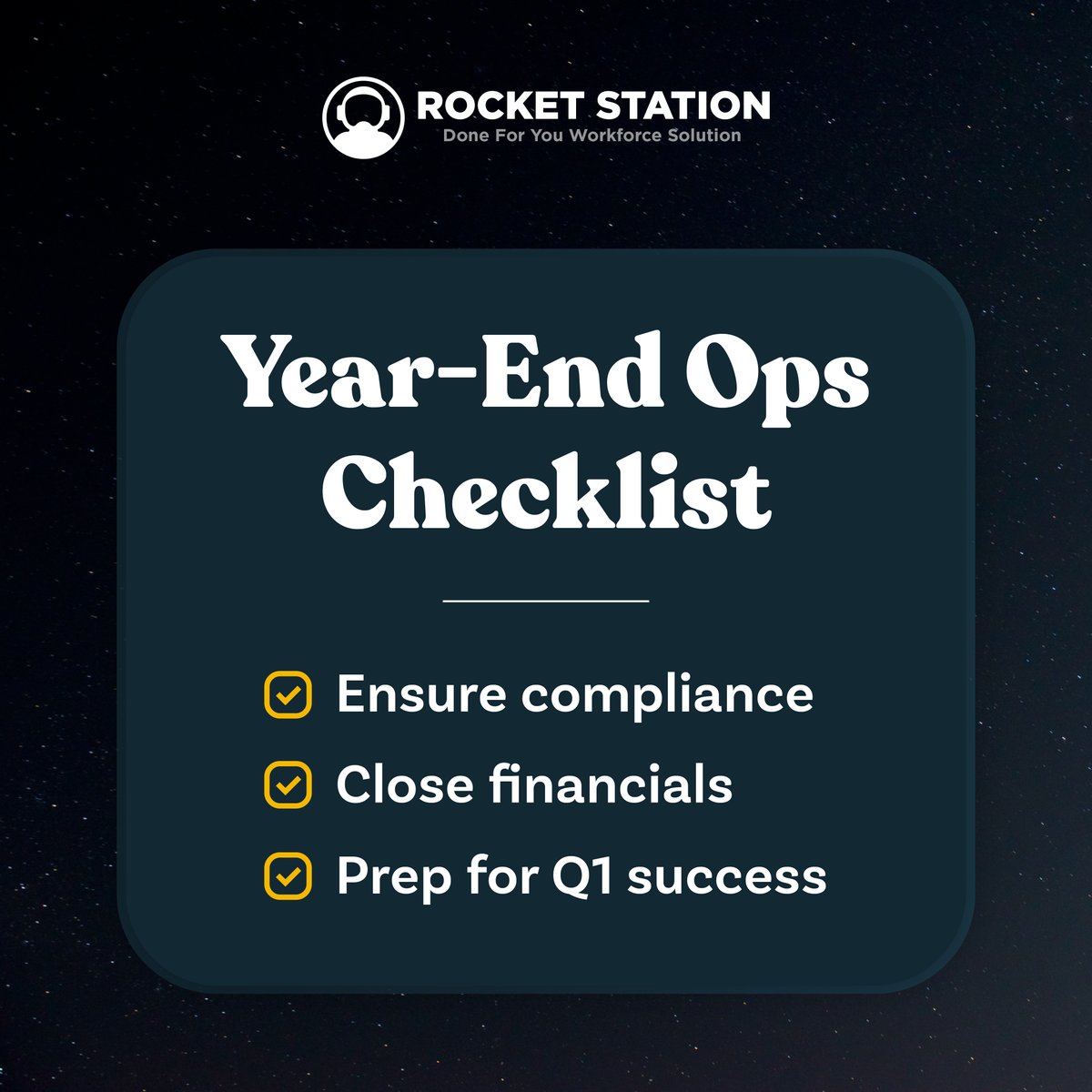 RocketStationVA's tweet photo. Wrapping up the year? Use this Year-End Ops Checklist to close out your finances, refresh your systems, and set your team up for a strong start in the new year.

Let’s finish smart and start even smarter. 

Book your FREE discovery call here: https://t.co/d7VGdMSyRb https://t.co/47QY57j9xQ