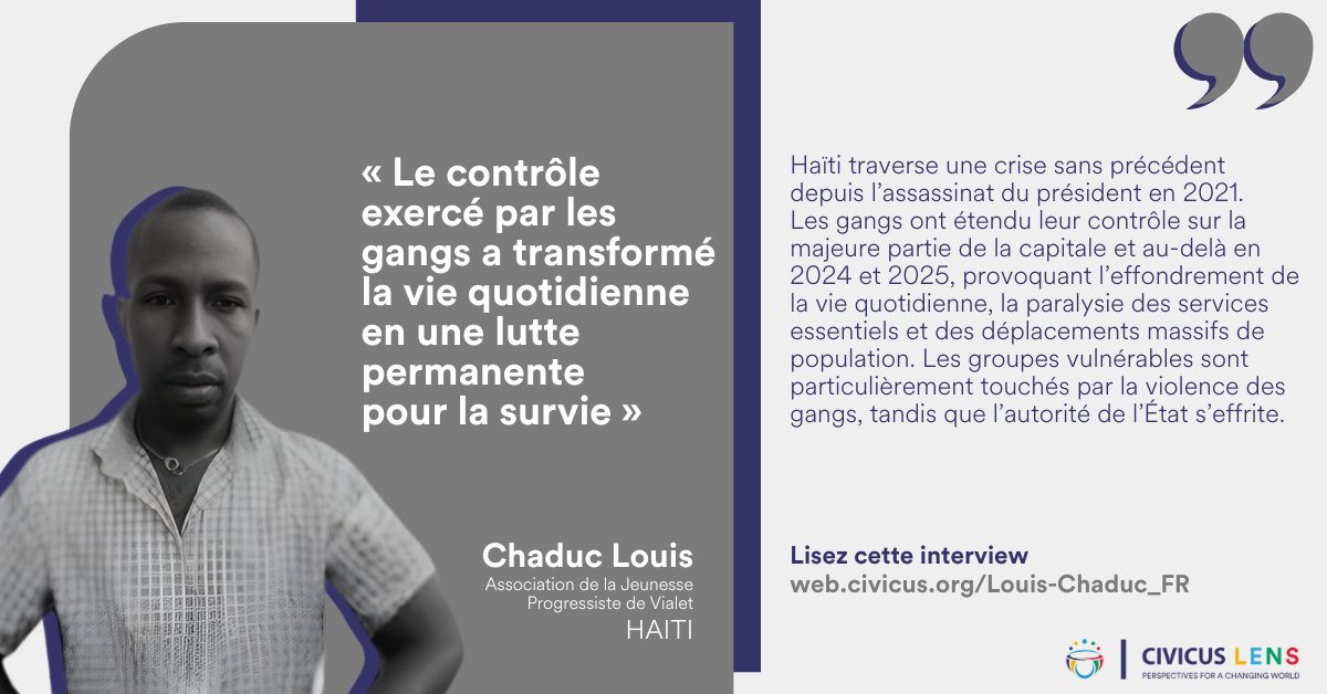 CIVICUSfrancais's tweet photo. En Haïti, la violence des gangs a plongé le pays dans une crise profonde. Le contrôle armé de larges zones a paralysé les services essentiels, provoqué des déplacements massifs et fragilisé les populations plus vulnérables.

Lire l’entretien : https://t.co/qfU93Adz6m
#CIVICUSLens https://t.co/E24JFvhVtG