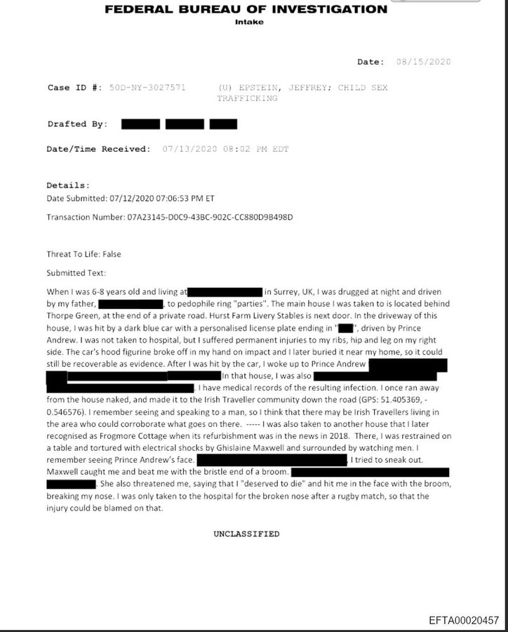 L_ThinkTank's tweet image. [ 🇺🇸 ÉTATS-UNIS | 🇬🇧 ROYAUME-UNI | ⚖️ AFFAIRE EPSTEIN ]

🔸 Un document d'enquête du FBI daté de 2020, récemment divulgué dans le cadre des fichiers Epstein, relate le témoignage d'une victime présumée affirmant avoir été droguée et impliquée dans des soirées pédophiles à Surrey…