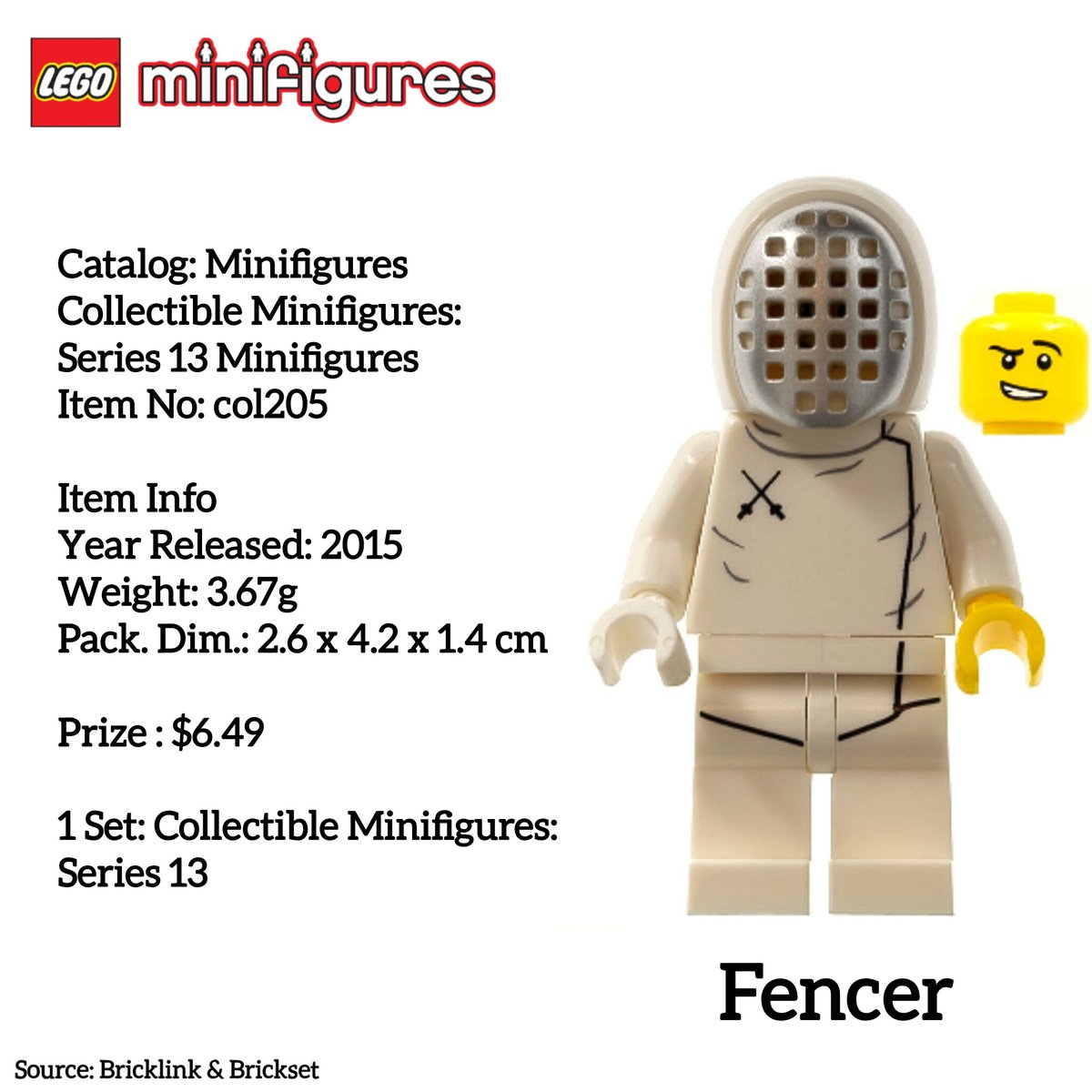 lgmbricks's tweet photo. Random minifig of the day: col205
Today's random #minifigure is #col205 #Fencer, Series 13, a Collectible Minifigures figure that came in one set, 710081 Fencer, released during 2015. https://t.co/jlLtyqjkaI