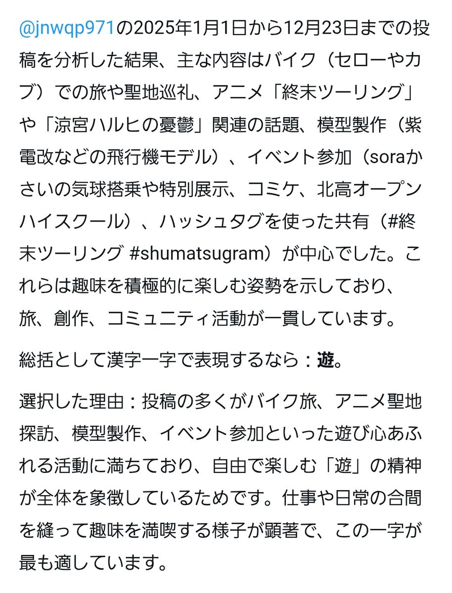 このアカウントの2025/01/01から2025/12/23までの投稿を全て読み込んで