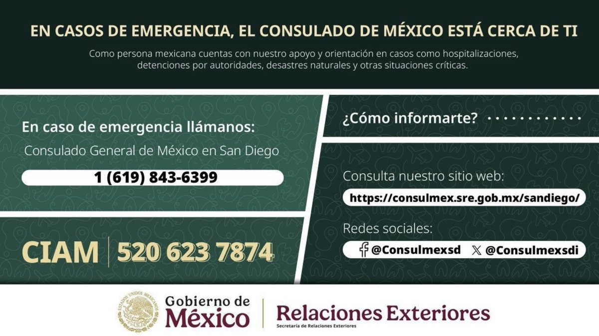 Alerta: Tormenta afectará San Diego con 10 cms de lluvia y vientos de 64 km/h (costa y las montañas), desde las primeras horas del miércoles y el jueves, según el servicio meteorológico. Puedes llamar al Centro de Información y Asistencia a Personas Mexicanas o al ☎️de emergencia