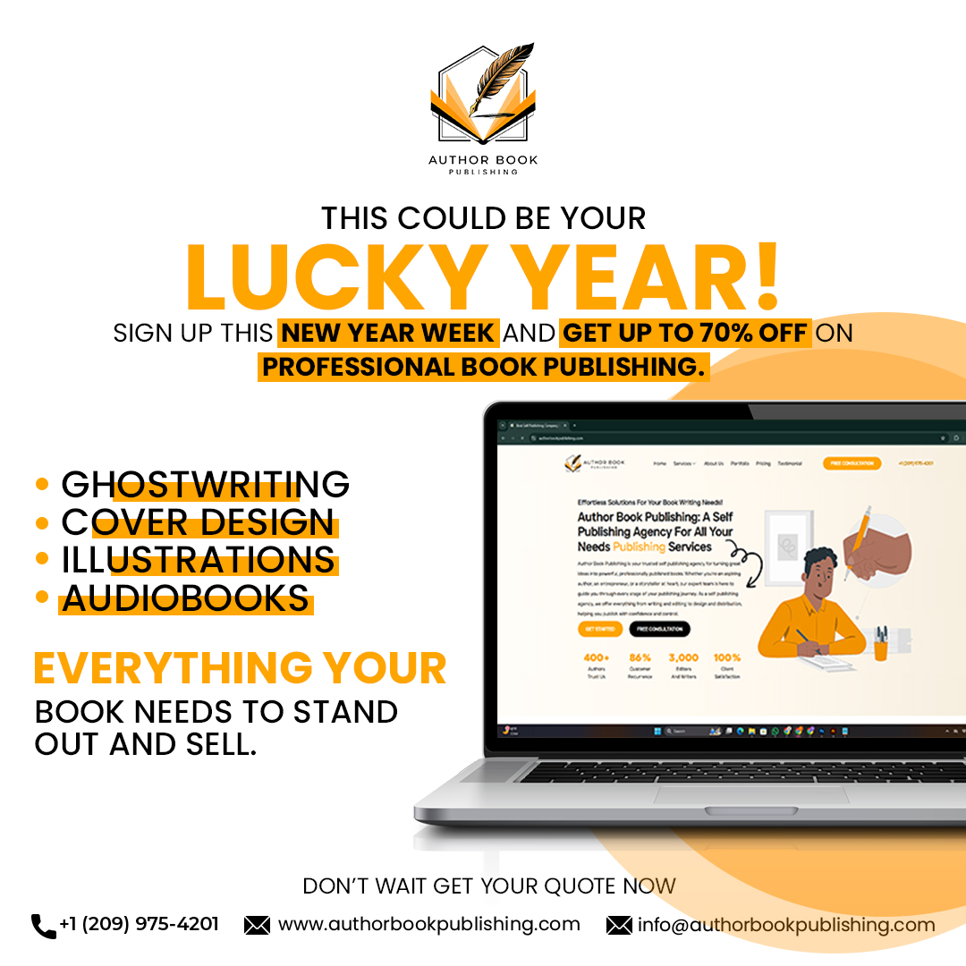 Authorbook054's tweet photo. This could be your lucky year.
Sign up this New Year week and get up to 70% OFF professional book publishing.
From ghostwriting to cover design, illustrations, and audiobooks, we handle everything your book needs to stand out and sell.
Get your quote today. https://t.co/s5iTEZdsm9