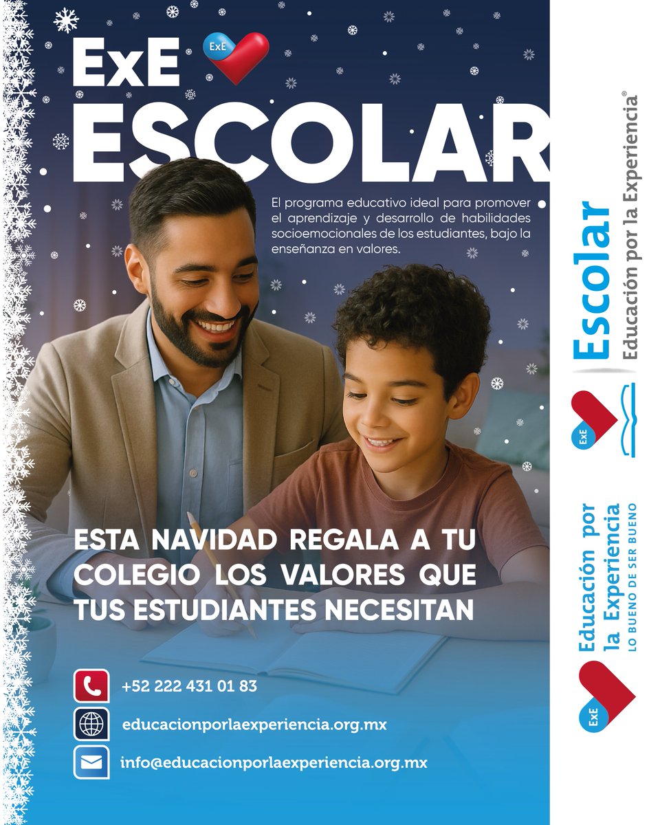 ExE Escolar es el programa educativo ideal en “Formación Ética para la Vida”. 
Conoce más entrando a: educacionporlaexperiencia.org.mx 
Tel. 222 431 01 83
Whatsapp:  222 709 4756 o wa.link/uk0z3h
Correo: info@educacionporlaexperiencia.org.mx