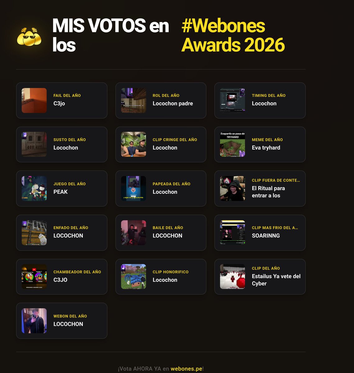 AndyFlo20496912's tweet photo. Mis votos en los #WebonesAwards2026
Siempre apoyando a mi streamer favorito loco pero si hubiera uno de webon contenido innovador no lo votaria https://t.co/o9CSbHaYUc
