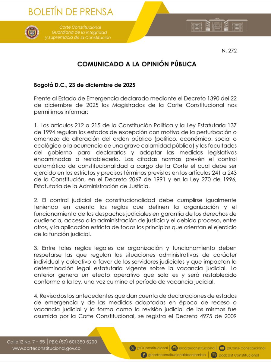 CConstitucional's tweet image. COMUNICADO A LA OPINIÓN PÚBLICA
Bogotá D.C., 23 de diciembre de 2025