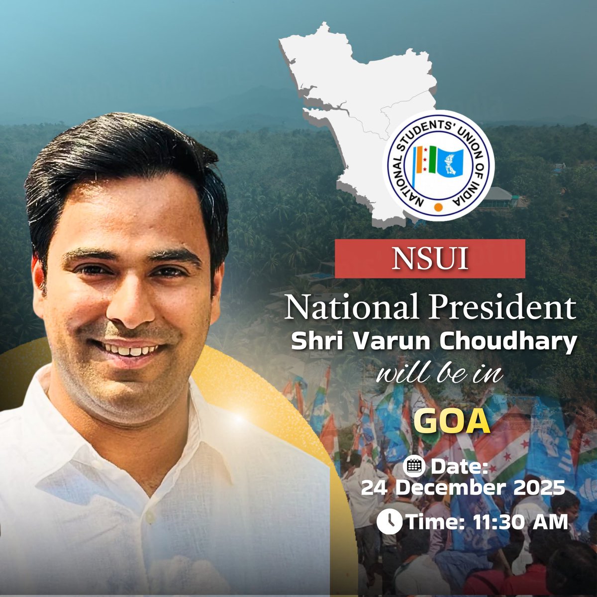 nsui's tweet photo. NSUI President Shri @varunchoudhary2 will be in Goa today, 24th December 2025.

NSUI has registered a resounding victory in the Goa University Student Council elections. https://t.co/RjjzGCwbzj