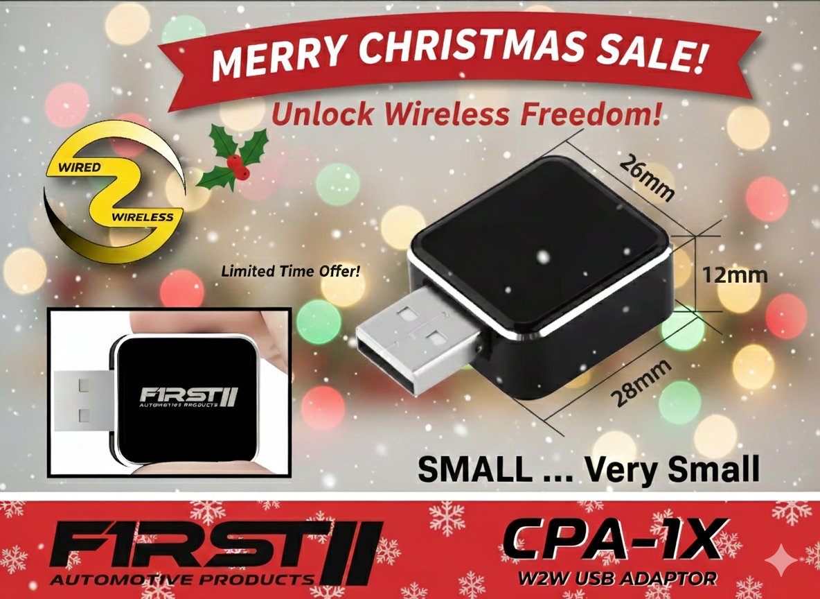 AvenueSound's tweet image. Ditch the cables this Christmas! 🎄✨

The CPA-1X W2W Adaptor is officially here. Tiny size, massive freedom. Plug it in, go wireless, and enjoy the drive. 🚗💨
🎁 Merry Christmas Sale – Limited Time Only!
#FirstAutomotive #WirelessFreedom #CarTech #StockingStuffer #ChristmasSale