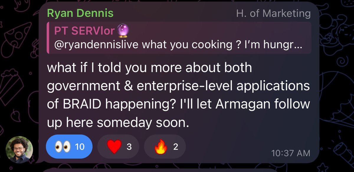 When <a href="/openservai/">OpenServ</a> Head of Marketing <a href="/defidennis/">Ryan Dennis</a> drops a 🤯🔥 in the Telegram (t.me/openservai)  you realize Xmas 🎄 is here… which government and which enterprise? 👀

#Braid
$serv