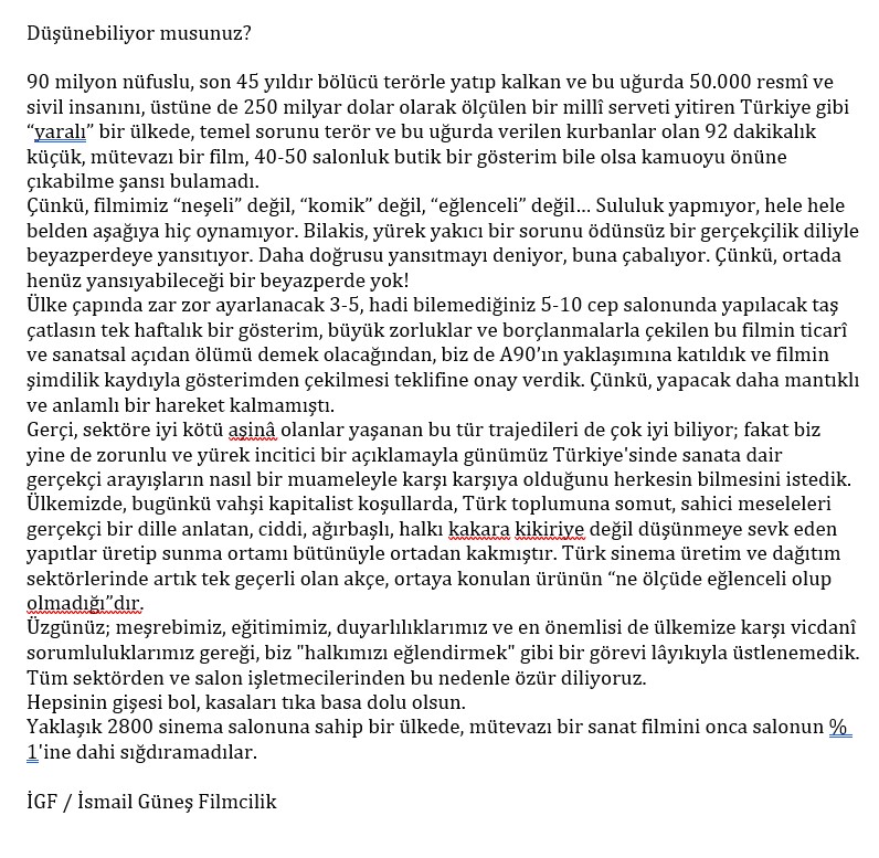TÜRK KAMUOYUNA ÇOK ÖNEMLİ BİR DUYURU: 
“SIVASIZ EVLERDEN BİRİ” FİLMİNİ ÜLKE ÇAPINDA HİÇBİR SİNEMA SALONU İŞLETMECİSİ GÖSTERİME SUNMAK İSTEMEDİ.
GEREKÇE, "FİLMİN YETERİNCE TİCARÎ OLMAMASI”… 
BUNDAN DOLAYI, 26 ARALIK CUMA GÜNÜ BAŞLAYACAĞINI DUYURDUĞUMUZ GÖSTERİMLER ERTELENMİŞTİR.