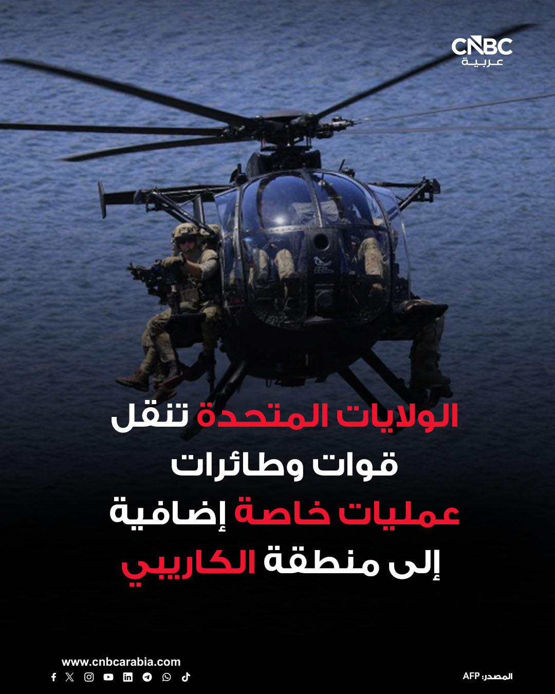 الولايات المتحدة تنقل هذا الأسبوع عدداً كبيراً من طائرات العمليات الخاصة وعدة طائرات شحن محملة بقوات ومعدات إلى منطقة الكاريبي، مما يمنحها خيارات إضافية لإمكانية القيام بعمل عسكري في المنطقة، وذلك وفقاً لما نقلته صحيفة وول ستريت جورنال عن مسؤولين أميركيين، وبيانات تتبع الرحلات الجوية المتاحة للعموم. هذا التطور يأتي على خلفية تصاعد التوترات بين الولايات المتحدة وفنزويلا مؤخراً، تزامناً مع زيادة الرئيس الأميركي دونالد ترامب الضغط على نظيره الفنزويلي نيكولاس مادورو خلال الأيام الأخيرة. ترامب أمر بفرض حصار على ناقلات النفط الخاضعة للعقوبات الداخلة والخارجة من فنزويلا، ودعا إلى التعامل مع المجال الجوي فوق فنزويلا على أنه مغلق، ورفض استبعاد شن غارات جوية على البلاد 