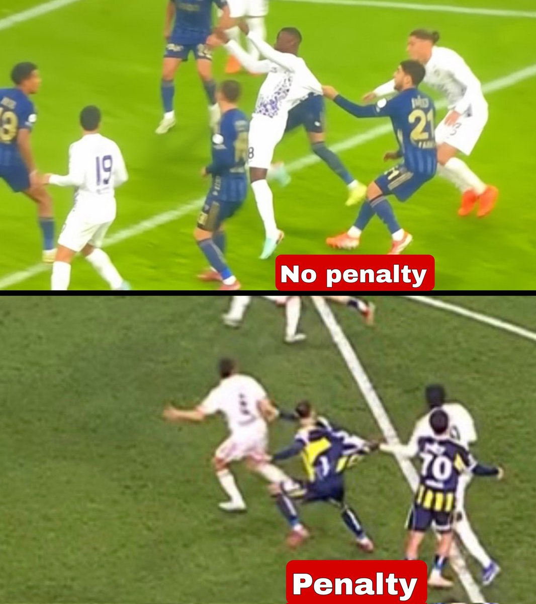 Two almost identical situations… In the top one, a shirt pull occurred but no penalty was given. In the bottom one, the same action led to a penalty. The rules are clear but application differs. Football fans are asking: what explains this difference? <a href="/TFF_Org/">TFF</a>