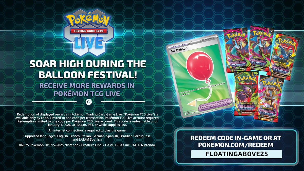 #PokemonTCGLive : N'oubliez pas d'utiliser le code FLOATINGABOVE25 si ce n'est toujours pas fait !

➡️ Valide jusqu'au 1er janvier 2026
➡️ Code à rentrer ici : redeem.tcg.pokemon.com/fr-fr/