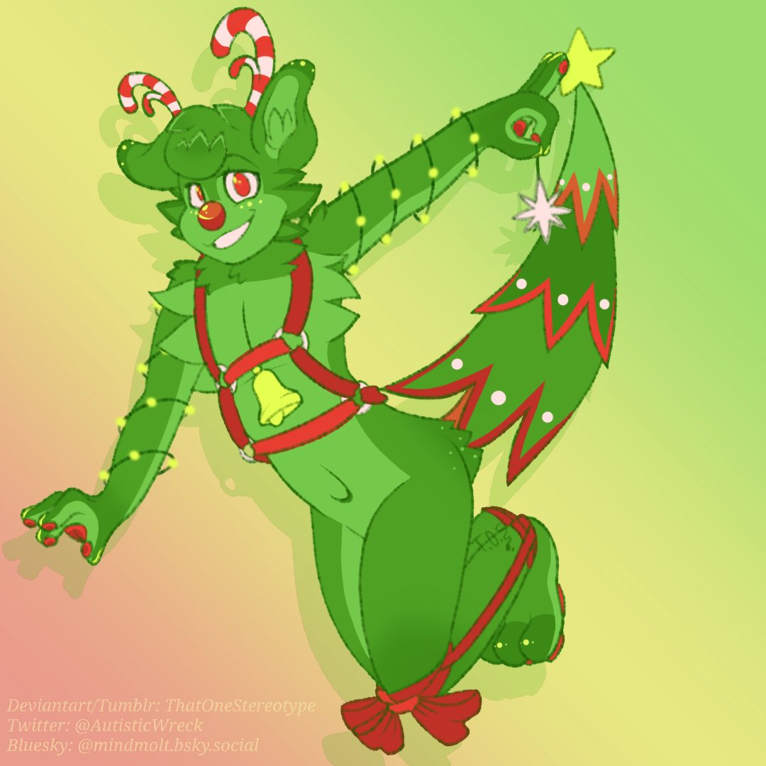 AutisticWreck's tweet image. Made a Christmas OC, can't think of a name for them lol
The legs aren't tied together, the ribbons go down the sides of the thighs and wrap around the knees and ankles.
Art by me 

Dumb tags:
#ArtistOnTwitter #SmallArtist #DigitalArt #FurryArt #FurryOC #OCArt