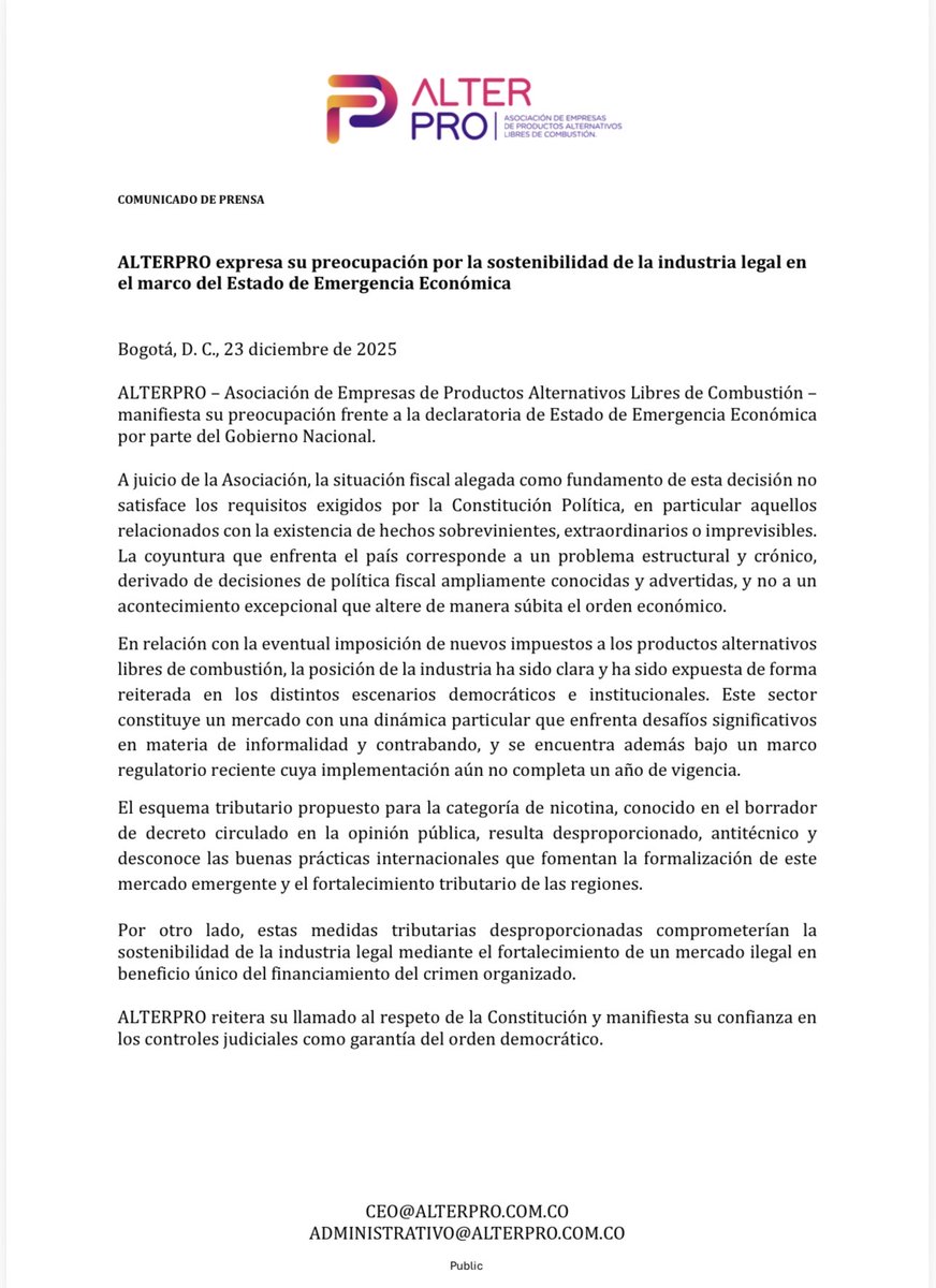 AlterProCO's tweet photo. Comunicado de prensa

ALTERPRO expresa su preocupación por la sostenibilidad de la industria legal en el marco del Estado de Emergencia Económica https://t.co/z57x8ucGba