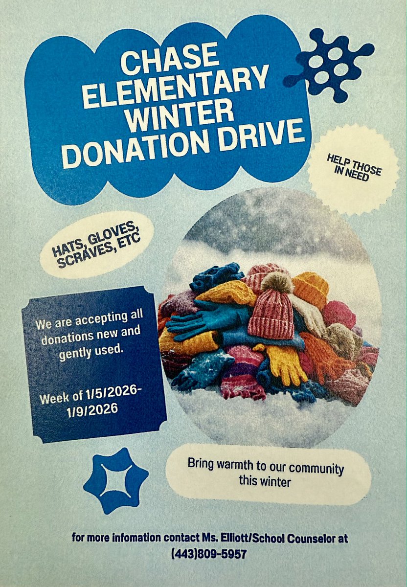 chasebcps's tweet image. A big thank you to our community partner Robinhood Roofing who kicked off our winter donation drive with some awesome hats and gloves! We will continue collecting donations the week after break. We will be receiving new or gently used gloves, hats, and scarves from January 5-9.
