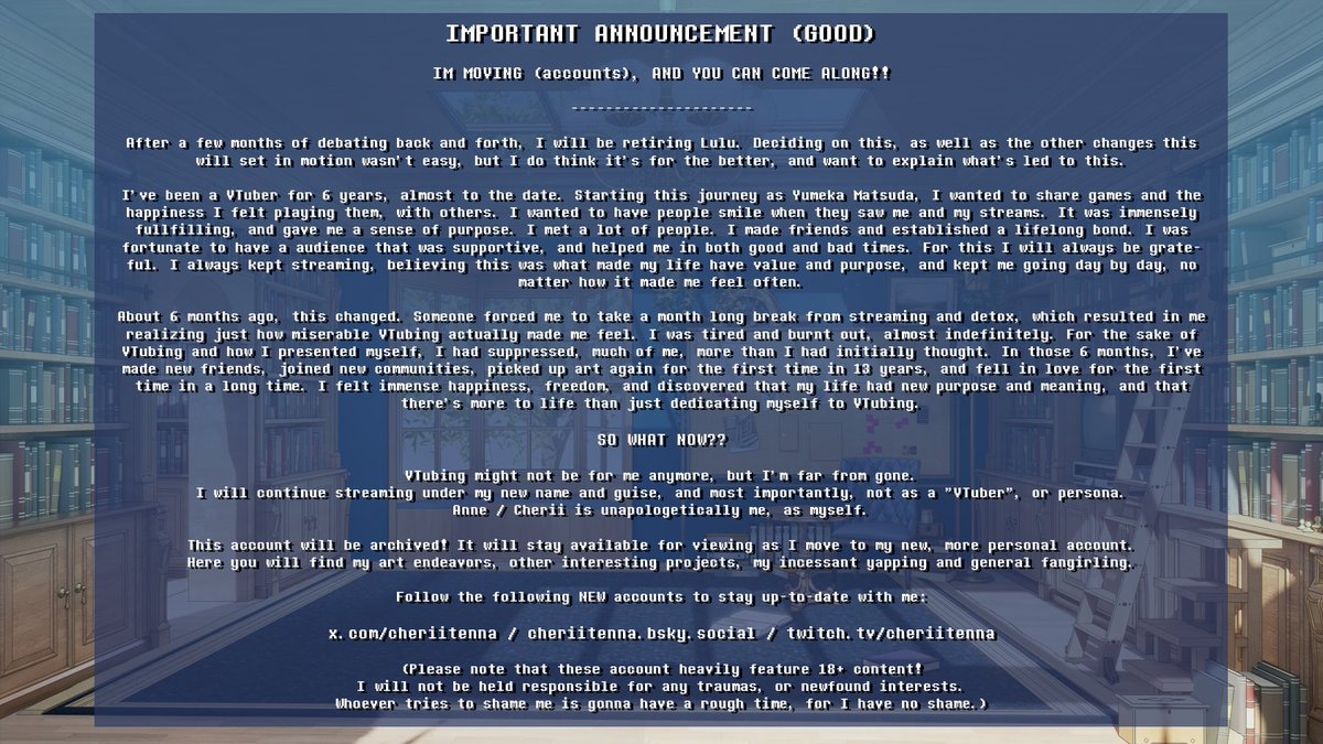 IMPORTANT ANNOUNCEMENT (GOOD)

I'M MOVING (accounts), AND YOU CAN COME ALONG!!

-----------------

x.com/cheriitenna
bsky.app/profile/cherii…
twitch.tv/cheriitenna