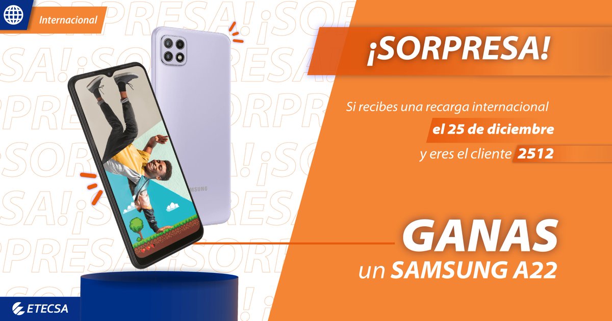Este 25 de diciembre, si eres el cliente 2512 de tu provincia, en recibir una recarga internacional asociada a la promoción QUINTUPLICATU RECARGA + DATOS ILIMITADOS, te llevas de regalo un  teléfono móvil Samsung. i Y si te toca a ti? Visita etecsa.cu