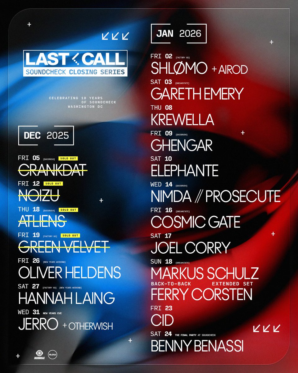 This is it — Your final opportunities to hit the dance floor at Soundcheck. Take a look at the full Phase 1 + Phase 2 Last Call calendar, and secure tickets for any of these remaining shows at soundcheckdc.com 

To book a table, email tables@soundcheckdc.com. Must be 21+.