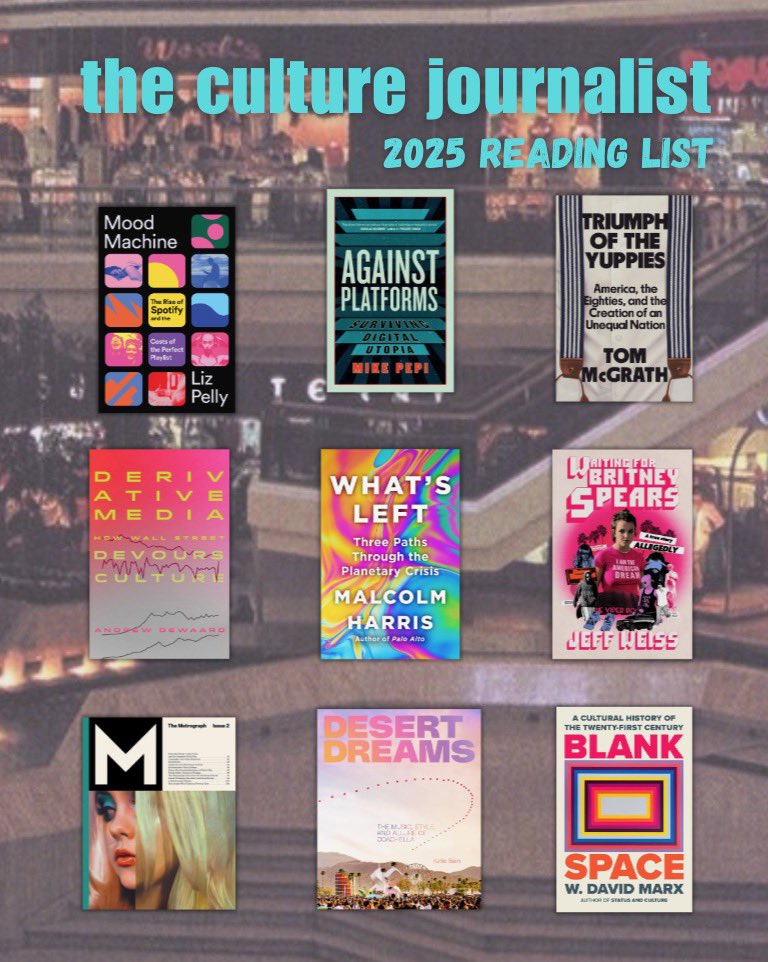 All the great books we had conversations about in 2025 on <a href="/culturejourno/">The Culture Journalist</a> 

<a href="/lizpelly/">liz pelly</a> <a href="/MikePepi/">Mike Pepi</a> <a href="/dewaard/">Andrew deWaard</a> <a href="/BigMeanInternet/">Malcolm Harris</a> <a href="/Passionweiss/">Jeff Weiss</a> <a href="/Metrograph/">Metrograph</a> <a href="/wdavidmarx/">W. David Marx</a>
