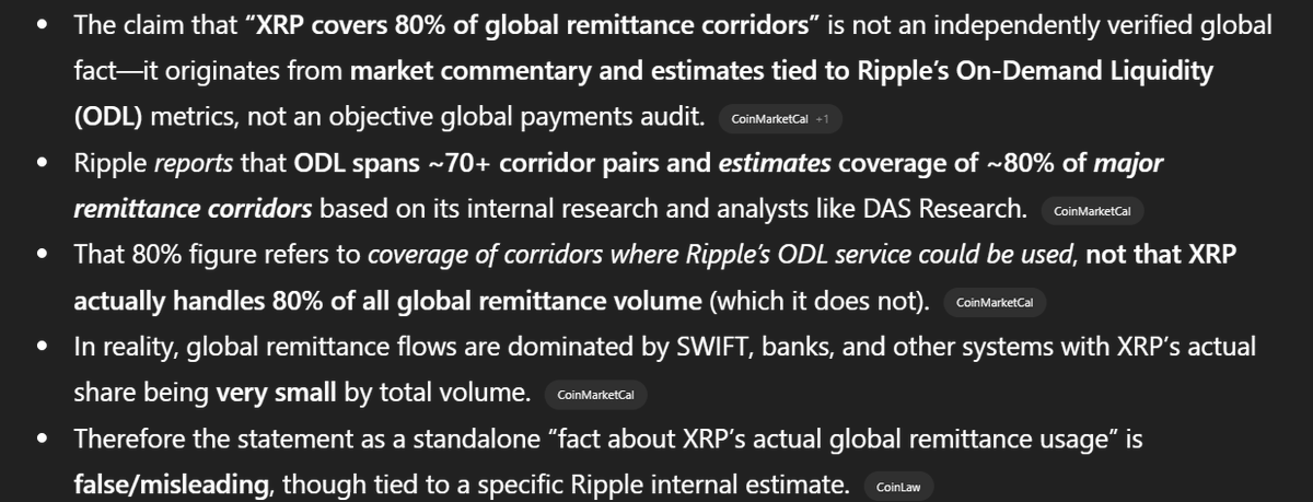 bingo_smalls's tweet image. completely false statement!
 
"That 80% figure refers to coverage of corridors where #Ripple’s ODL service👉could be used, not that $XRP actually handles 80% of all global remittance volume (which it does not).👈"

"In reality, global remittance flows are dominated by #SWIFT"