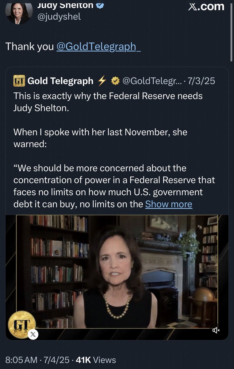 Peacekeeprx's tweet image. Gold, Silver
Timestamp 
July 4th delta

“Judy Shelton is known for proposing that the U.S. Treasury issue a long-term, gold-convertible security on July 4, 2026, to coincide with America's 250th anniversary”