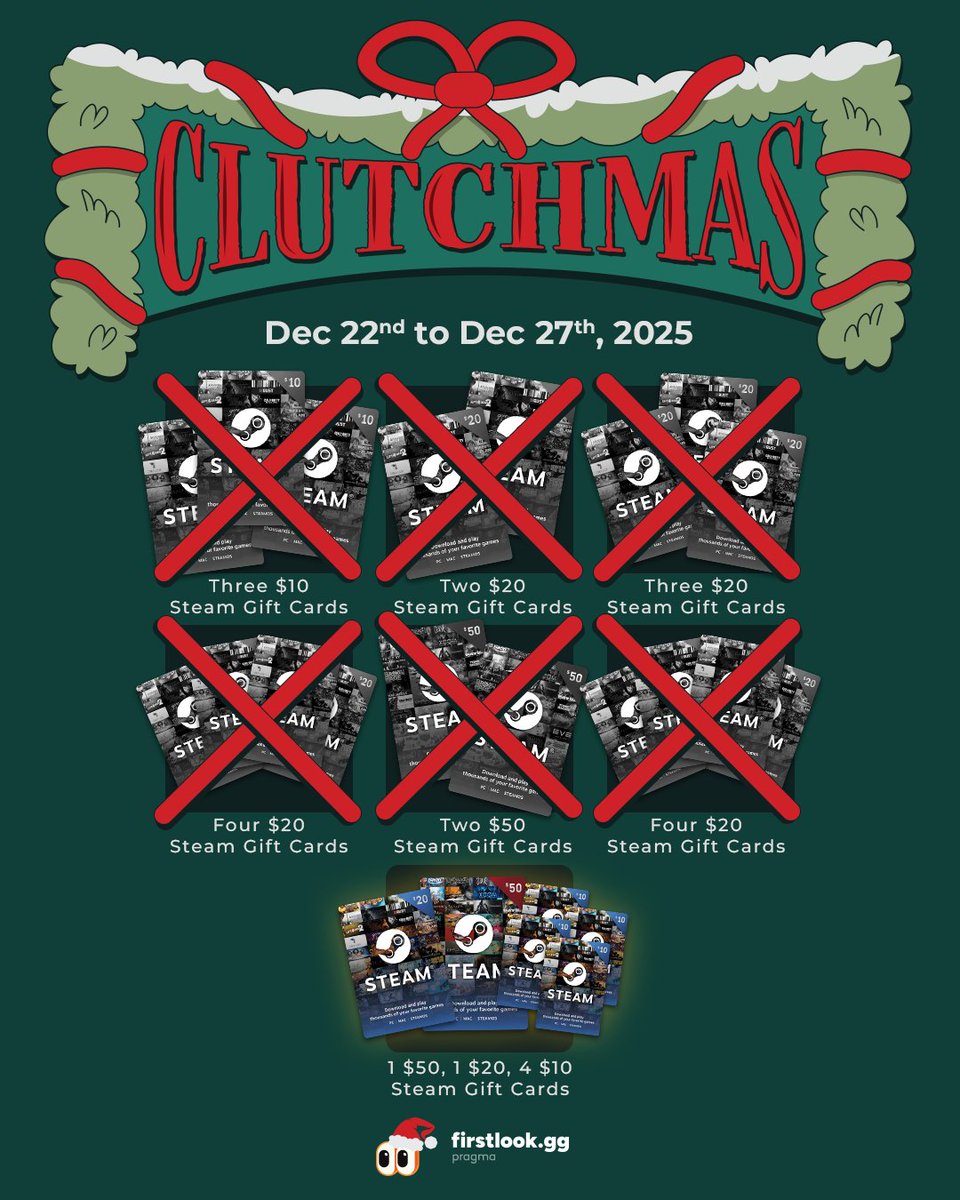 Wrapping up Clutchmas 🎁

$50, $20, $10 Steam Giftcards, 6x Winners

🧡 Like &amp; RT this post
👋 Follow <a href="/firstlookgg/">FirstLook👀</a> 
💬 Drop the name of your favorite video game character