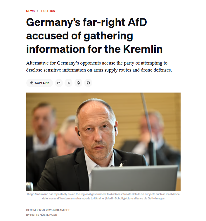 NOELreports's tweet image. Germany’s far-right AfD is under fire for using parliamentary requests to gather data potentially useful to Moscow, Politico reports. MP Ringo Mühlmann asked for details on drone defenses, infrastructure, and arms transit routes to Ukraine. Critics warn that, even if answers…