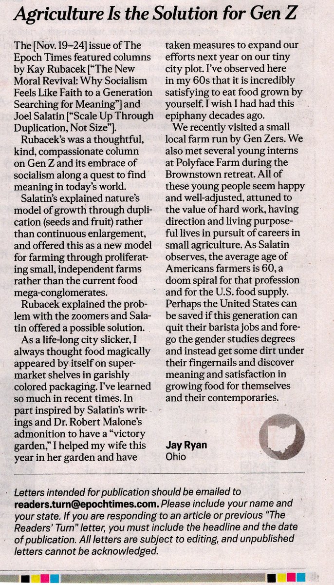 How fun!  The <a href="/EpochTimes/">The Epoch Times</a> ran my letter to the editor in the <a href="/EpochOpinion/">Epoch Times Opinion</a> section, remarking on recent columns by <a href="/JoelSalatin/">Joel Salatin</a> and <a href="/KRubacek/">Kay Rubacek</a>.  Thank you!    It's always fun being published.