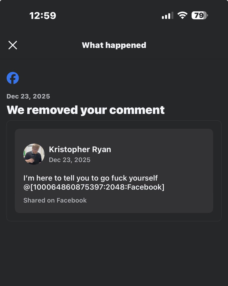 Ryankristopher0's tweet photo. Told Facebook to go fuck themselves on one of their posts and they deleted my comment and put restrictions on me. 😂 https://t.co/4MqY1nzcVB